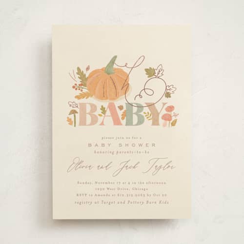 This is a latte foil stamped baby shower invitations with foil pressed by Creo Study called little pumpkin printing on signature in standard