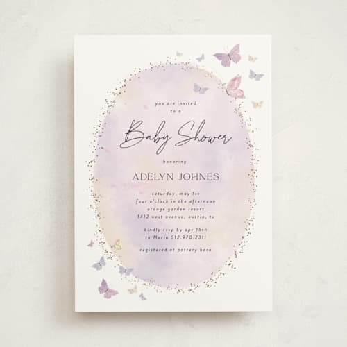 This is a blush foil stamped baby shower invitations with foil pressed by Jelena Vuletic called fabled printing on signature in standard