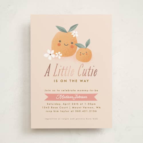 This is a peach foil stamped baby shower invitations with foil pressed by Karidy Walker called little cutie oranges printing on signature in standard