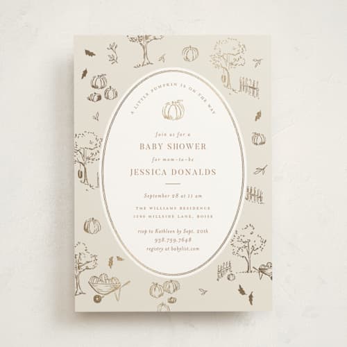 This is a acorn foil stamped baby shower invitations with foil pressed by Rebecca Durflinger called autumn toile printing on signature in standard