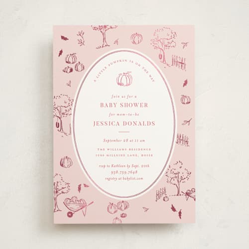 This is a bubblegum foil stamped baby shower invitations with foil pressed by Rebecca Durflinger called autumn toile printing on signature in standard