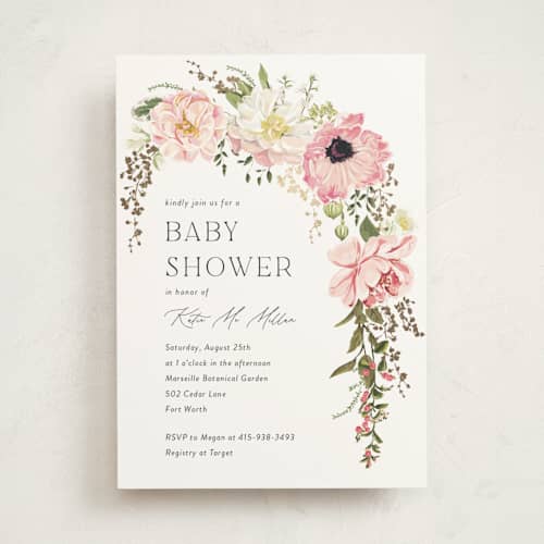 This is a peony foil stamped baby shower invitations with foil pressed by Susan Moyal called timeless blooms printing on signature in standard
