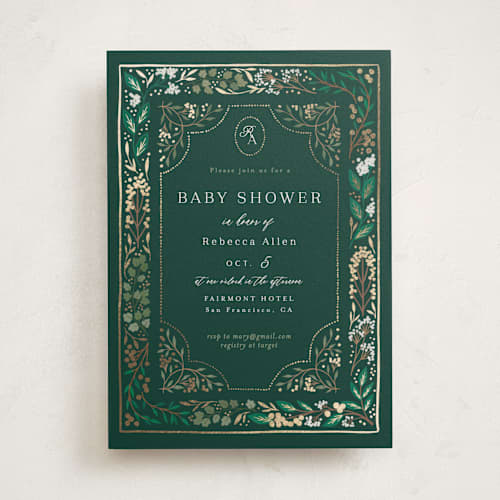 This is a evergreen foil stamped baby shower invitations with foil pressed by Alethea and Ruth called illuminated storybook printing on signature in standard