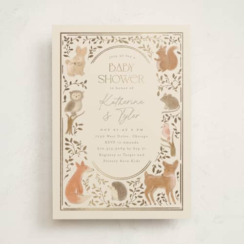 This is a ecru foil stamped baby shower invitations with foil pressed by Creo Study called woodland storybook printing on signature in standard