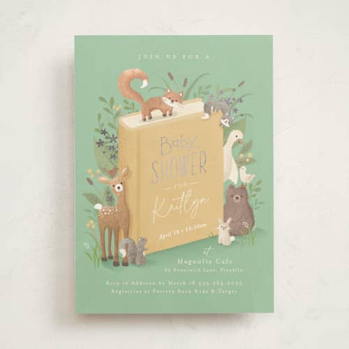 This is a mint foil stamped baby shower invitations with foil pressed by Jennifer Wick called storybook printing on signature in standard