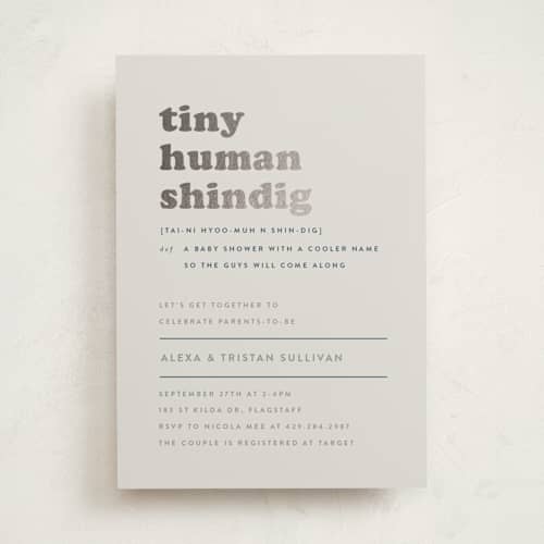 This is a whale foil stamped baby shower invitations with foil pressed by Corinne Malesic called tiny human printing on signature in standard