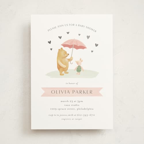 This is a blush foil stamped baby shower invitations with foil pressed by Katherine Moynagh called pooh and piglet printing on signature in standard