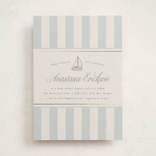 This is a fog foil stamped baby shower invitations with foil pressed by Stephanie Hawkes called on board printing on signature in standard