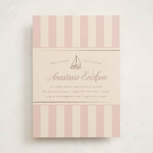 This is a rosebud foil stamped baby shower invitations with foil pressed by Stephanie Hawkes called on board printing on signature in standard