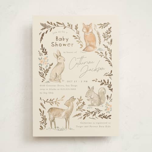 This is a ginger foil stamped baby shower invitations with foil pressed by Creo Study called vintage woodland printing on signature in standard