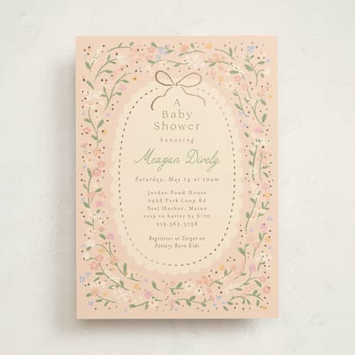 This is a ballet slipper foil stamped baby shower invitations with foil pressed by Jennifer Wick called new blooms printing on signature in standard