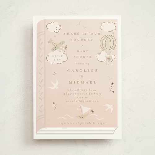 This is a blush foil stamped baby shower invitations with foil pressed by Jennifer Holbrook called our journey printing on signature in standard