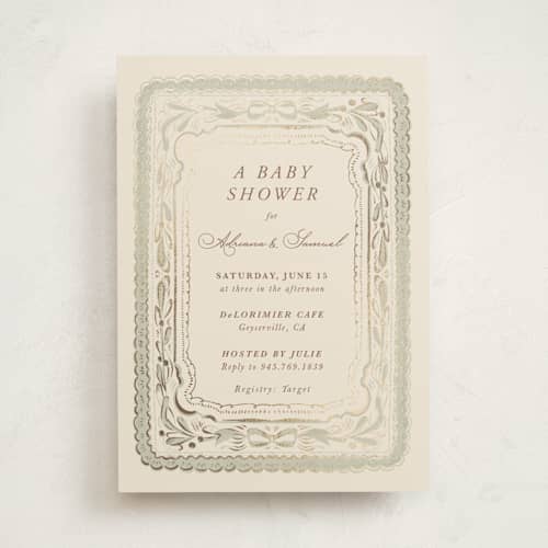 This is a buttercream foil stamped baby shower invitations with foil pressed by Lucrecia Caporale called scallop border printing on signature in standard