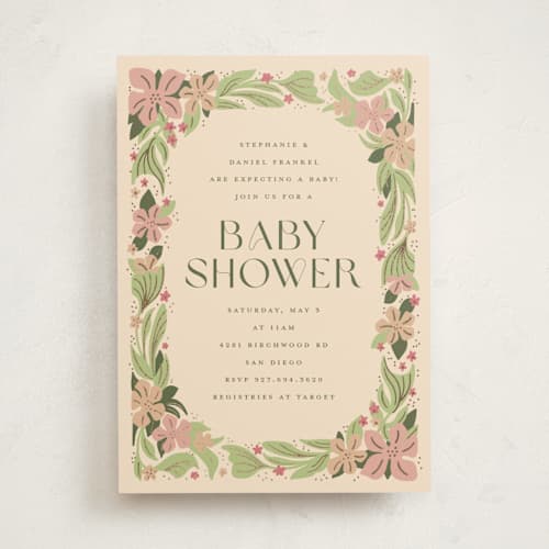 This is a petal foil stamped baby shower invitations with foil pressed by Katie Zimpel called bright botanical border printing on signature in standard