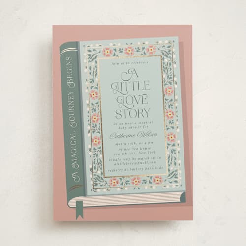 This is a sage foil stamped baby shower invitations with foil pressed by Ana de Sousa called little love story printing on signature in standard