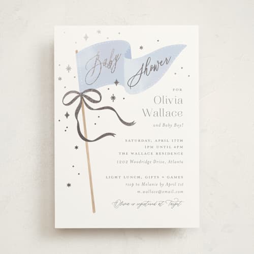 This is a baby blue foil stamped baby shower invitations with foil pressed by Paper Raven Co. called bows & banners printing on signature in standard
