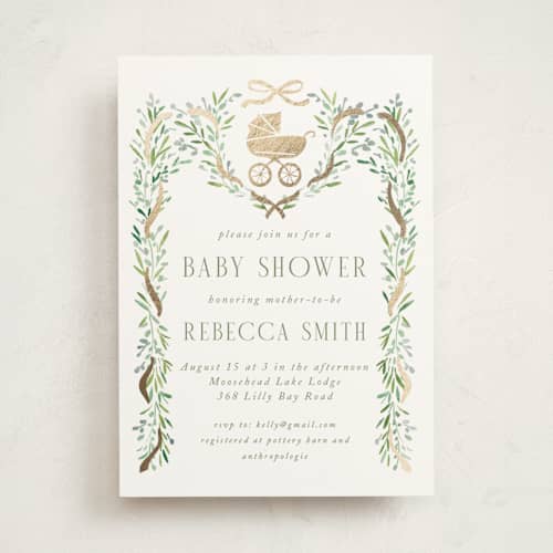 This is a meadow foil stamped baby shower invitations with foil pressed by Petra Kern called little bebe printing on signature in standard