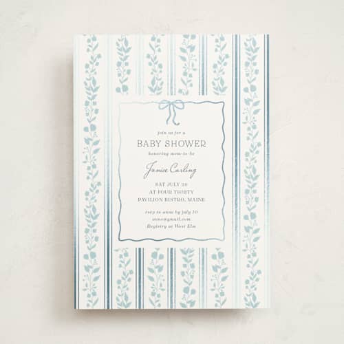 This is a powder blue foil stamped baby shower invitations with foil pressed by Anna Black called vintage stripe printing on signature in standard