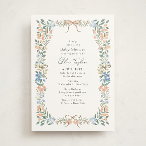 This is a pastel foil stamped baby shower invitations with foil pressed by Elly called sweet garden printing on signature in standard