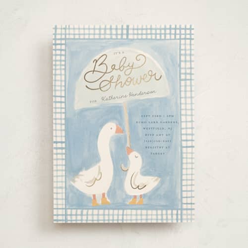 This is a raindrop foil stamped baby shower invitations with foil pressed by Teju Reval called little goose printing on signature in standard
