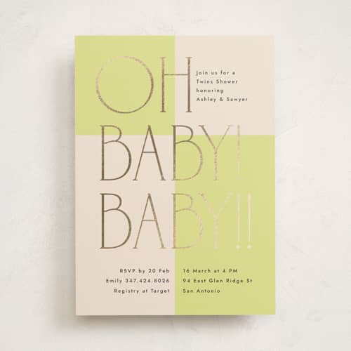 This is a lime foil stamped baby shower invitations with foil pressed by letterfix called two times printing on signature in standard