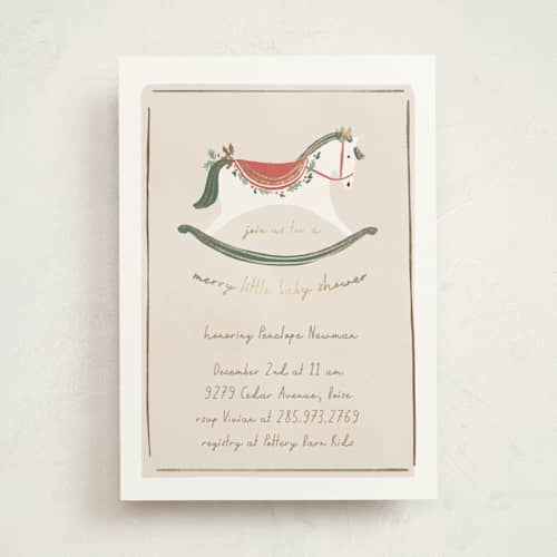 This is a eggnog foil stamped baby shower invitations with foil pressed by Rebecca Durflinger called festive rocking horse printing on signature in standard