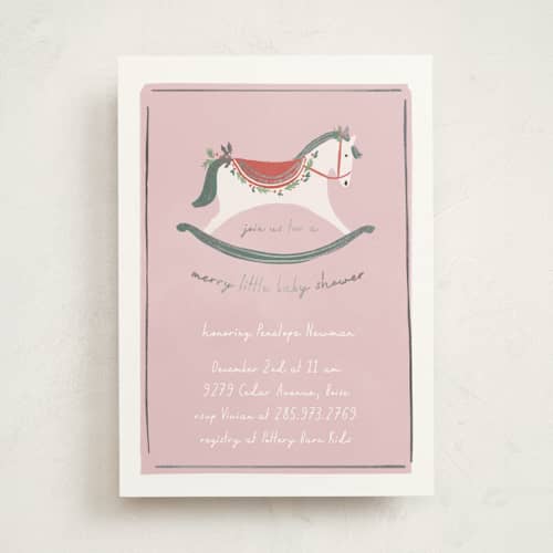 This is a candied foil stamped baby shower invitations with foil pressed by Rebecca Durflinger called festive rocking horse printing on signature in standard