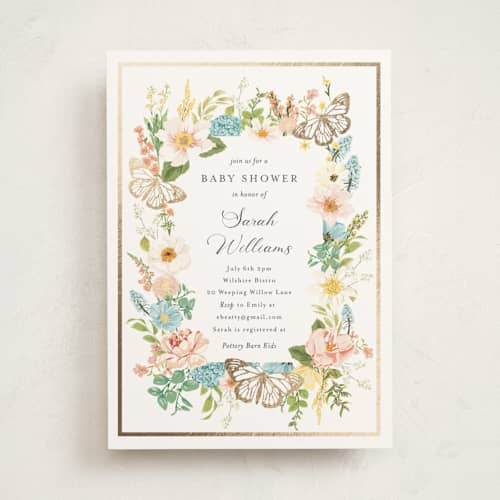 This is a sky foil stamped baby shower invitations with foil pressed by Susan Moyal called butterflies & botanicals printing on signature in standard
