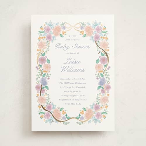 This is a lilac foil stamped baby shower invitations with foil pressed by Tamara Hilje called garden magic printing on signature in standard