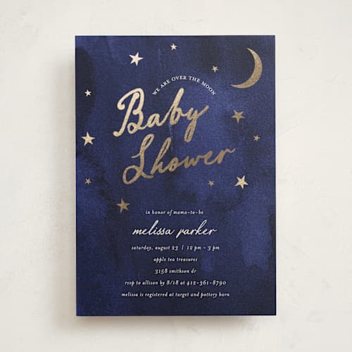 This is a midnight foil stamped baby shower invitations with foil pressed by Ilene Guy called midnight stars printing on signature in standard
