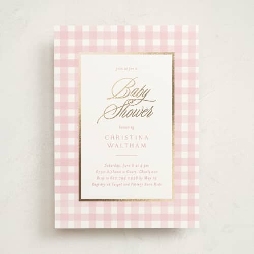 This is a cotton candy foil stamped baby shower invitations with foil pressed by Creo Study called classic gingham printing on signature in standard
