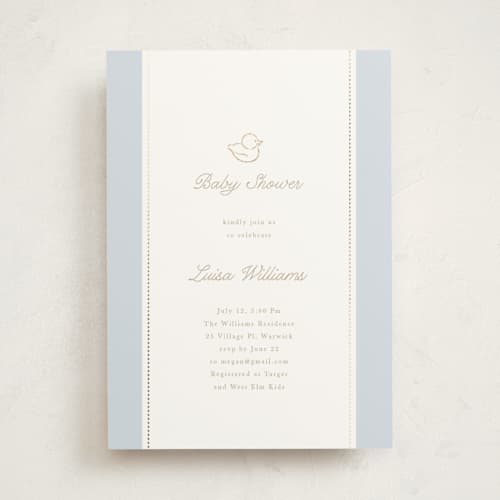 This is a hydrangea foil stamped baby shower invitations with foil pressed by Tamara Hilje called baby duck printing on signature in standard