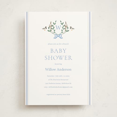 This is a powder foil stamped baby shower invitations with foil pressed by Rebecca Marchese called southern mallard duck printing on signature in standard