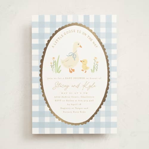 This is a sky foil stamped baby shower invitations with foil pressed by Creo Study called vintage goose printing on signature in standard