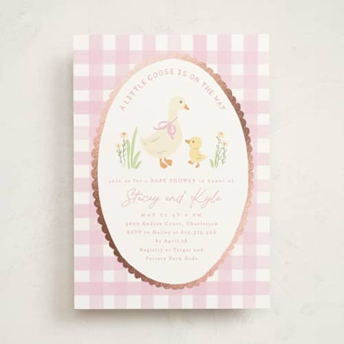 This is a rose foil stamped baby shower invitations with foil pressed by Creo Study called vintage goose printing on signature in standard