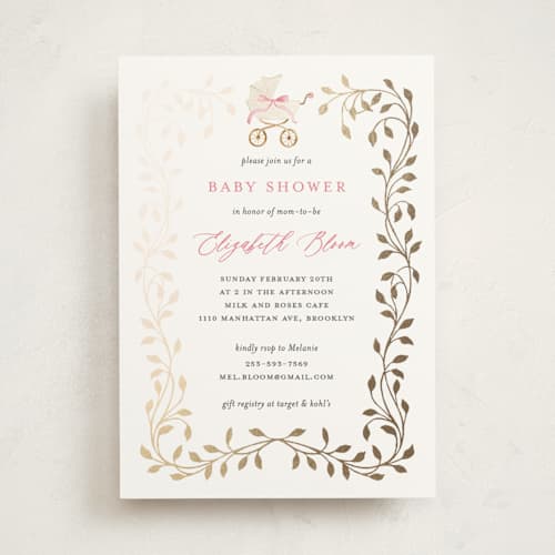 This is a peony foil stamped baby shower invitations with foil pressed by Sarah Knight called graceful printing on signature in standard