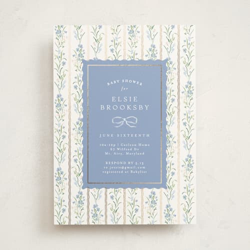 This is a cornflower foil stamped baby shower invitations with foil pressed by Erin L. Wilson called dorothy printing on signature in standard