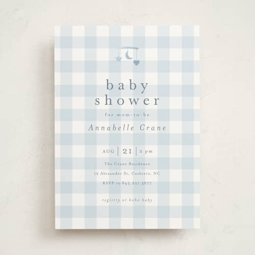 This is a baby blue foil stamped baby shower invitations with foil pressed by Stacey Meacham called gingham mobile printing on signature in standard