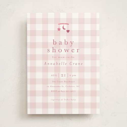 This is a petal foil stamped baby shower invitations with foil pressed by Stacey Meacham called gingham mobile printing on signature in standard