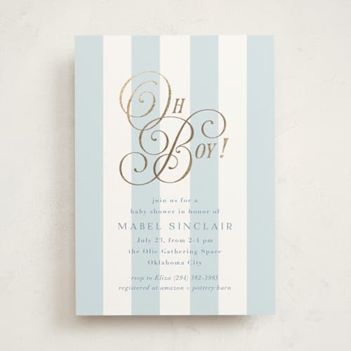 This is a bluebonnet foil stamped baby shower invitations with foil pressed by Laura Hankins called oh boy! printing on signature in standard