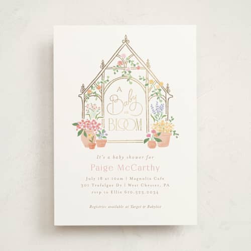 This is a strawberry foil stamped baby shower invitations with foil pressed by Jennifer Wick called petite greenhouse printing on signature in standard