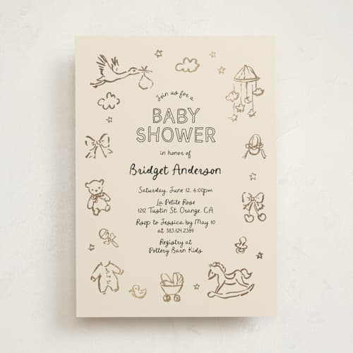 This is a onyx foil stamped baby shower invitations with foil pressed by Cass Loh called bundle of joy sketches printing on signature in standard