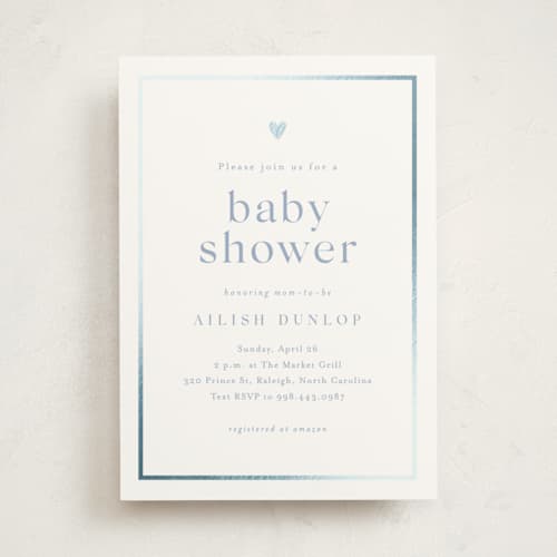 This is a provincial blue foil stamped baby shower invitations with foil pressed by Stacey Meacham called heartbeat printing on signature in standard