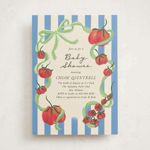 This is a lime foil stamped baby shower invitations with foil pressed by Jackie Crawford called petit pomodoro printing on signature in standard