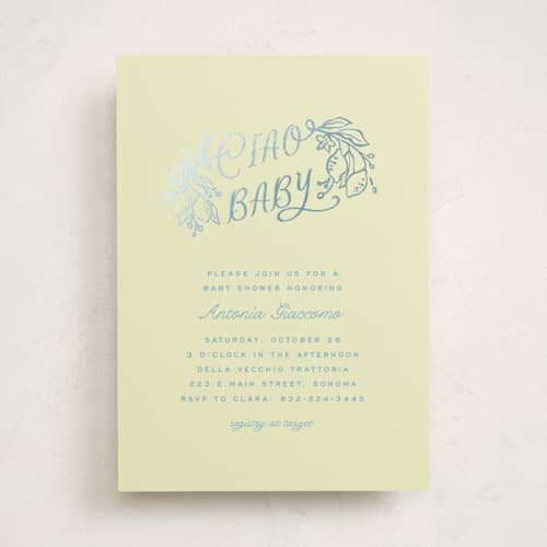 This is a lemonade foil stamped baby shower invitations with foil pressed by Pati Cascino called ciao baby printing on signature in standard
