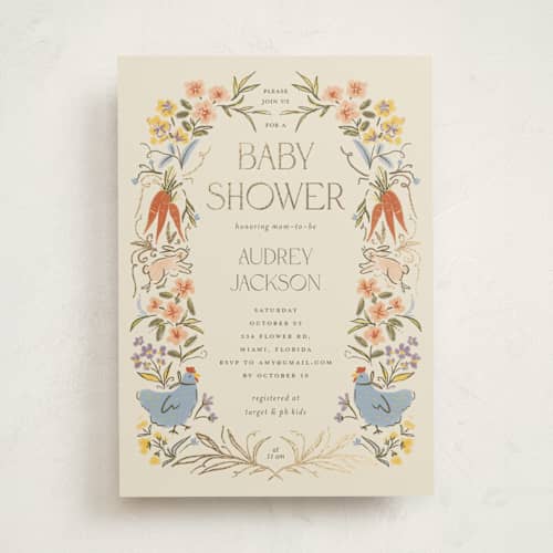 This is a creamery foil stamped baby shower invitations with foil pressed by Vera Lim called whimsical frame printing on signature in standard