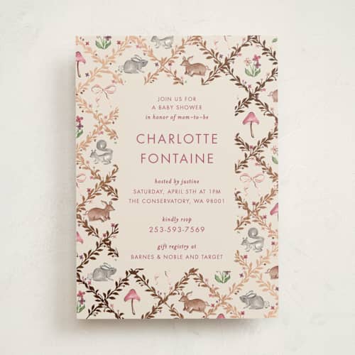 This is a mulberry foil stamped baby shower invitations with foil pressed by Sarah Knight called trellis printing on signature in standard