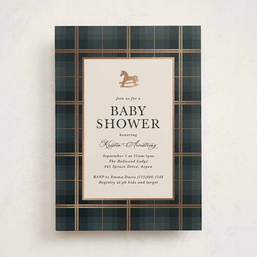 This is a juniper foil stamped baby shower invitations with foil pressed by Kate Ahn called wesley printing on signature in standard