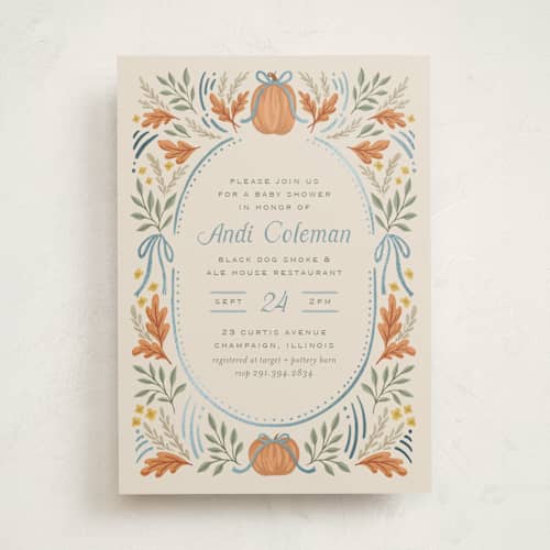 This is a cornflower foil stamped baby shower invitations with foil pressed by Laura Hankins called pumpkins + bows printing on signature in standard