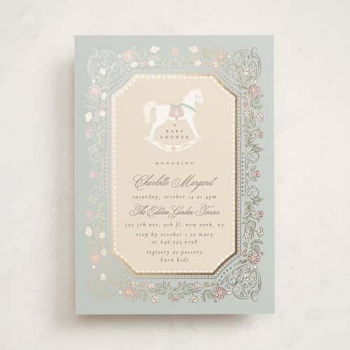 This is a pastel toile foil stamped baby shower invitations with foil pressed by Ana de Sousa called le cheval d’enfance printing on signature in standard